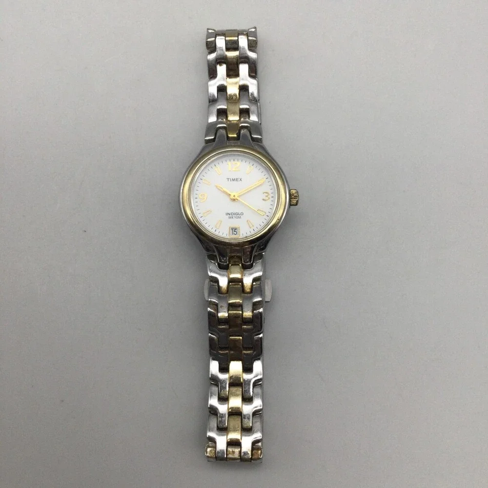Timex Indiglo 50M Womens Watch 24mm White Dial Two Tone Date New Battery 7.75